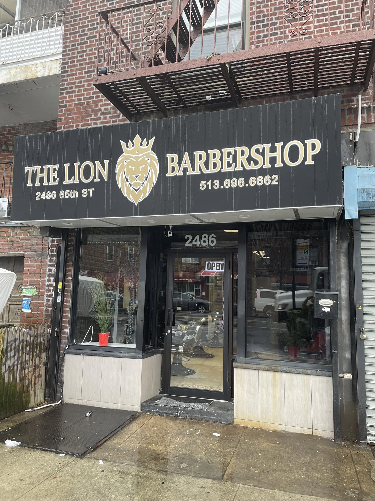 The Lion Barbershop storefront with its crowned lion sign at 2486 65th Street